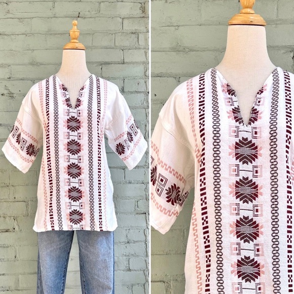 Vintage Embroidered Aztec Mexican Cotton Short Sleeve Top - Picture 2 of 7